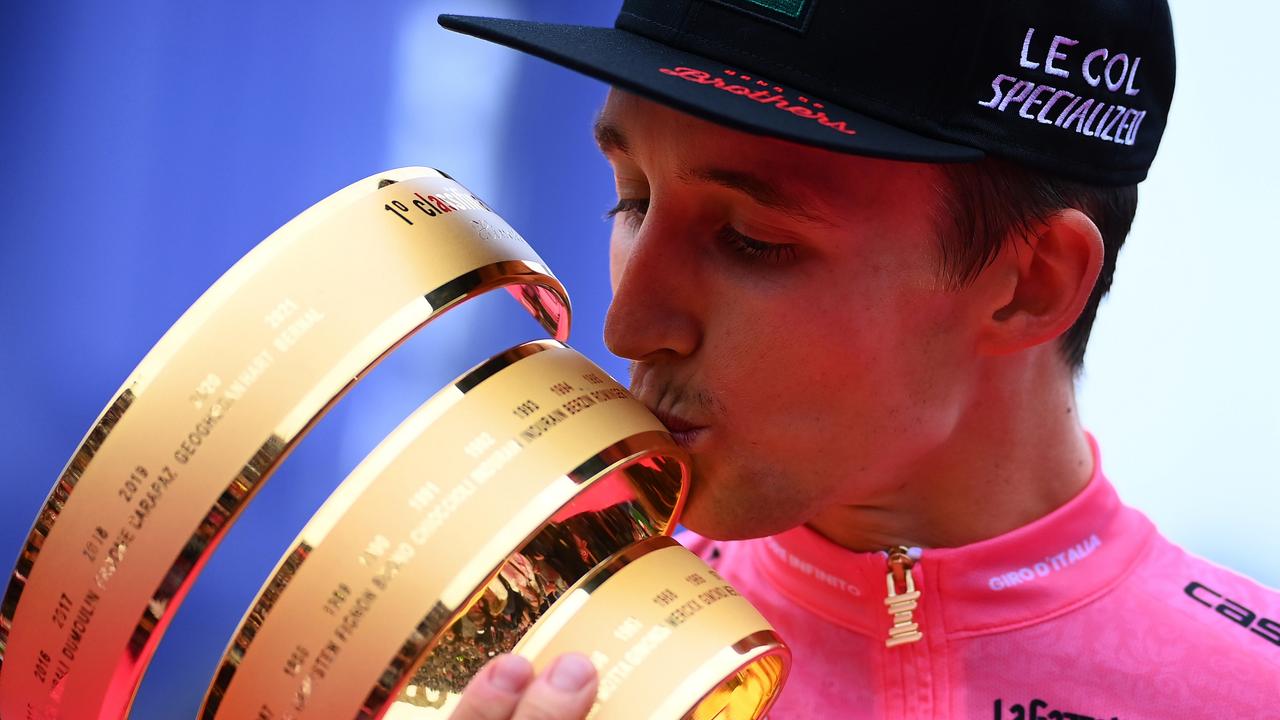 Jai Hindley celebrates at podium with the Giro d'Italia trophy. Picture: Tim de Waele/Getty Images