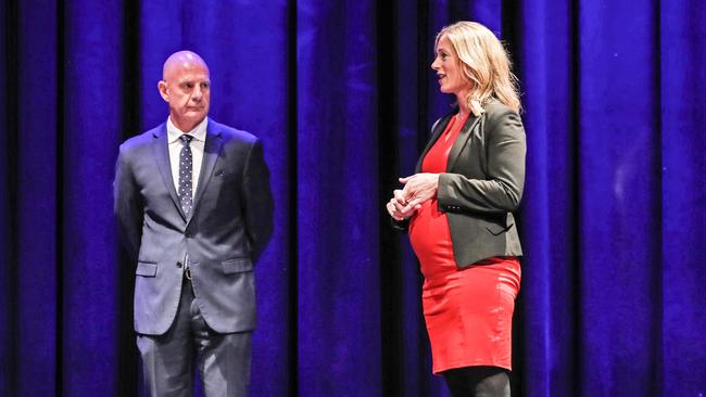 Liberal Premier Peter Gutwein and Labor leader Rebecca White at a Tasmanian leaders’ debate in Hobart on Monday. Picture: Zak Simmonds