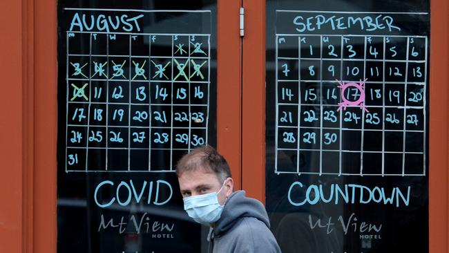 A man walks past a countdown calendar painted on the window of Richmond’s Mount View Hotel. Picture: NCA NewsWire/Andrew Henshaw