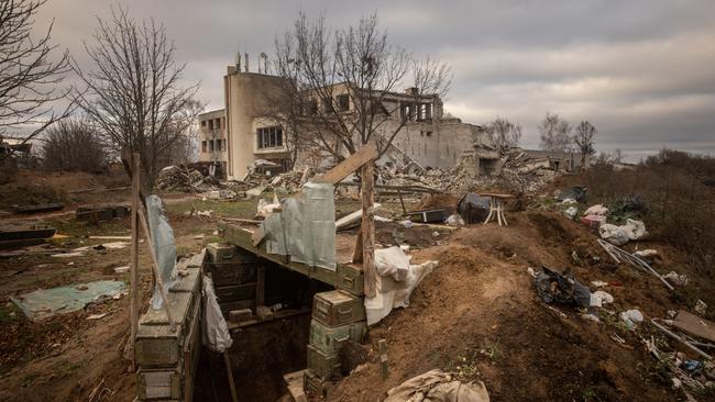 Abandoned Russian bunkers are seen outside Kherson International Airport on the weekend. Picture: Getty Images