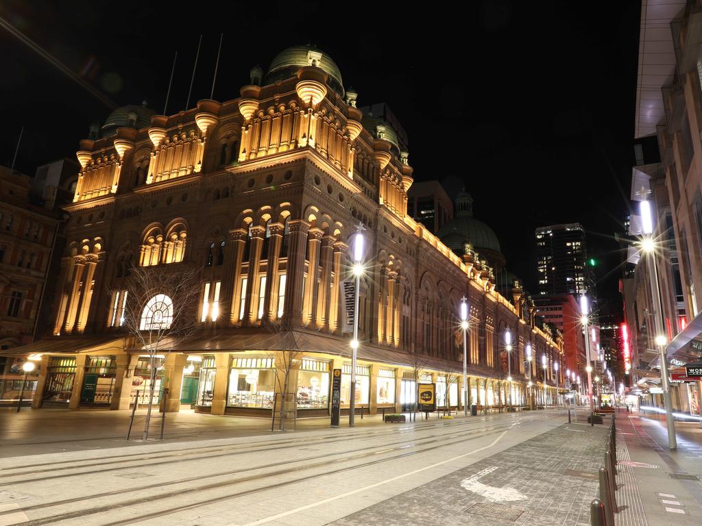 George Street and the QVB building in a virtually empty Sydney CBD. Picture: Damian Shaw
