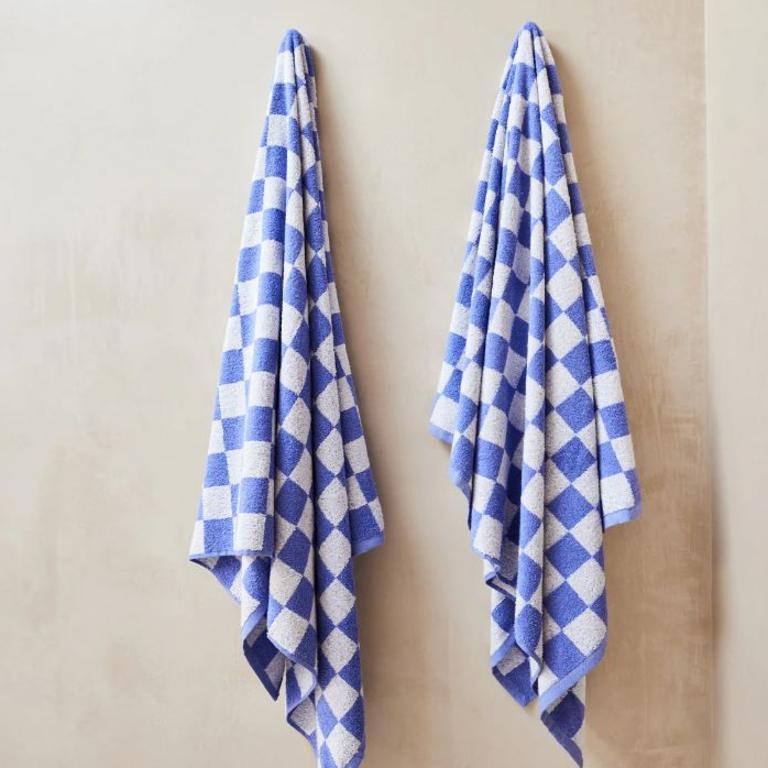 Wildflower & White Check 100% French Flax Linen Terry Bath Towel. Picture: Bed Threads