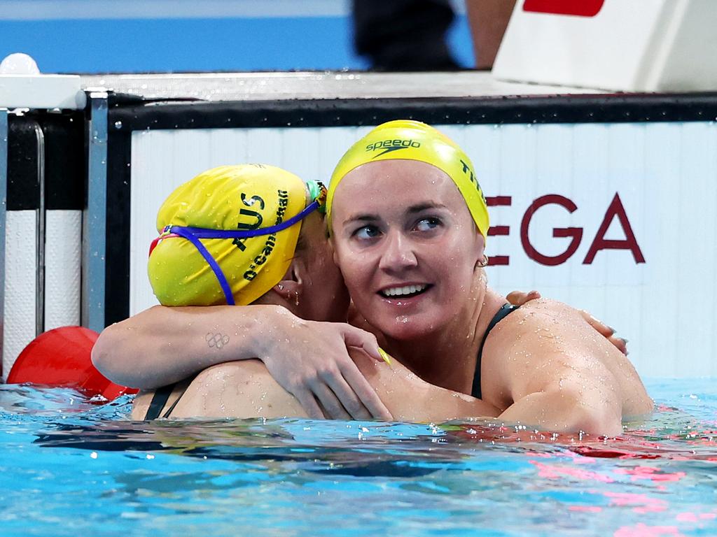 Our golden girls Mollie O'Callaghan and Ariarne Titmus of Team Australia celebrate their dominant performance in the women’s 200m freestyle final. Picture: Quinn Rooney/Getty Images