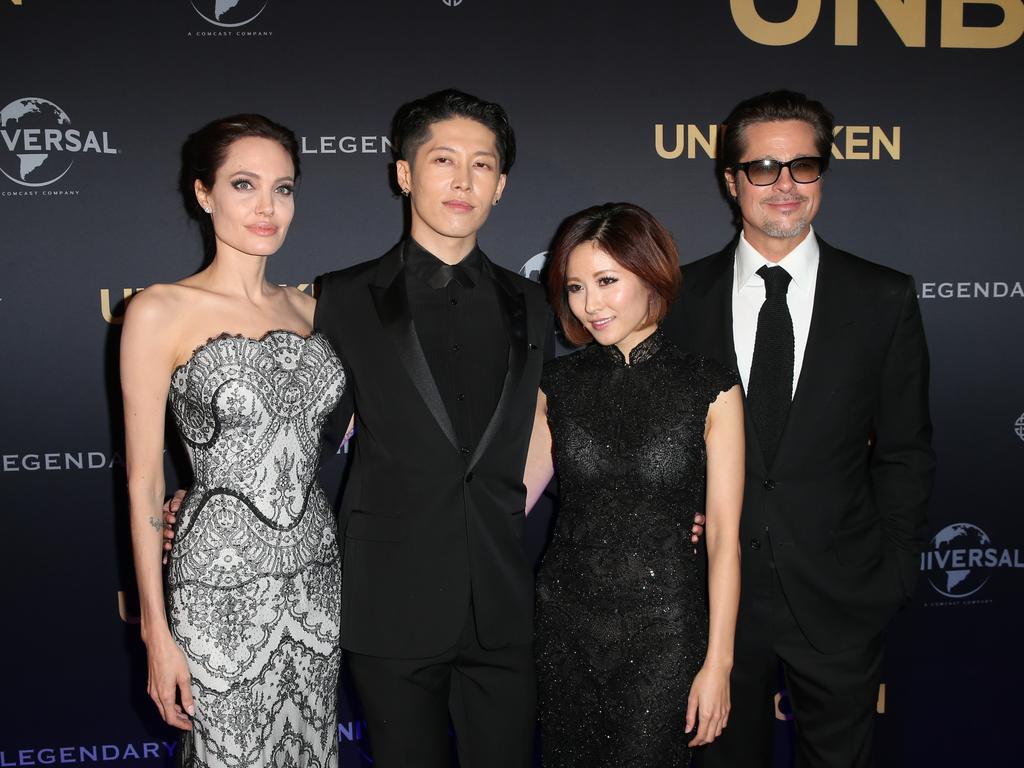 Angelina Jolie, Miyavi, Melody Ishihara and Brad Pitt at the Australian premier of the Angelina directed feature film Unbroken at The State Theater in Sydney. Picture: Richard Dobson