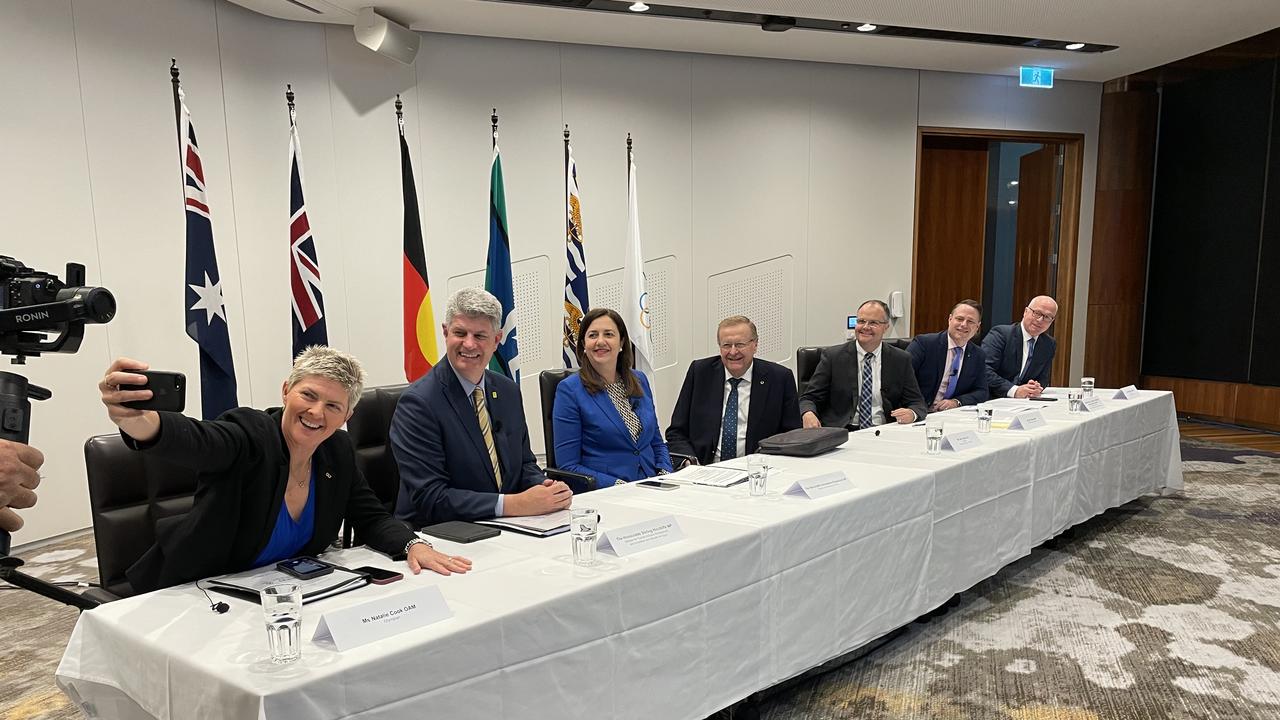 The pitch from the Brisbane 2032 committee, the Australian Olympic Committee and Paralympics Australia included, Olympian Nat Cook, MP Stirling Hinchliffe, Premier Annastacia Palaszczuk, AOC boss John Coates, MP Ted O'Brien, Brisbane Lord Mayor Adrian Schrinner and Sunshine Coast Mayor Mark Jamieson.