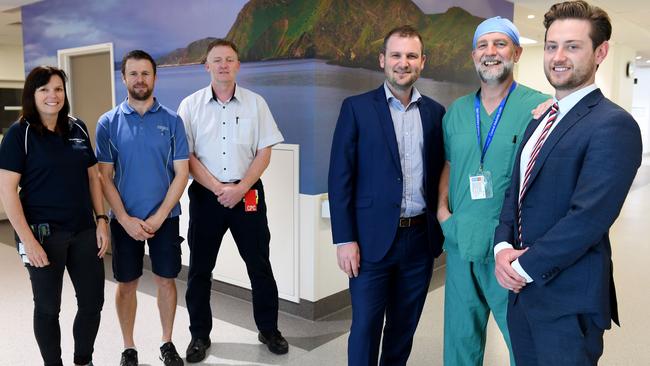 Tanja Klotz, Brad Schmitt, Stuart Harper and Professor John Greenwood from the new Royal Adelaide Hospital Burns Unit with Lee Kelly and Patrick Deegan from the Josh Deegan Foundation. Picture: AAP/Mark Brake