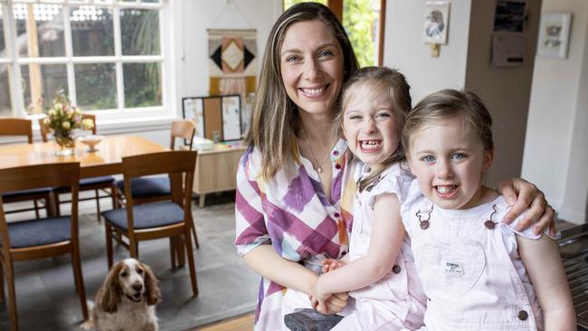 Chloe Wise, shown with twin daughters Luella and Olive 4 is one of the first in Tasmania to benefit from a new Medicare rebate for PDG (Pre Disposed Genetic testing) done through IVF, which tests for genetic abnormalities that can make conceiving difficult. Picture Eddie Safarik