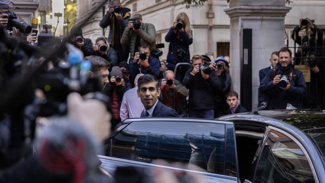 Conservative party leader Rishi Sunak arrives at CCHQ on October 24, 2022 in London, England.