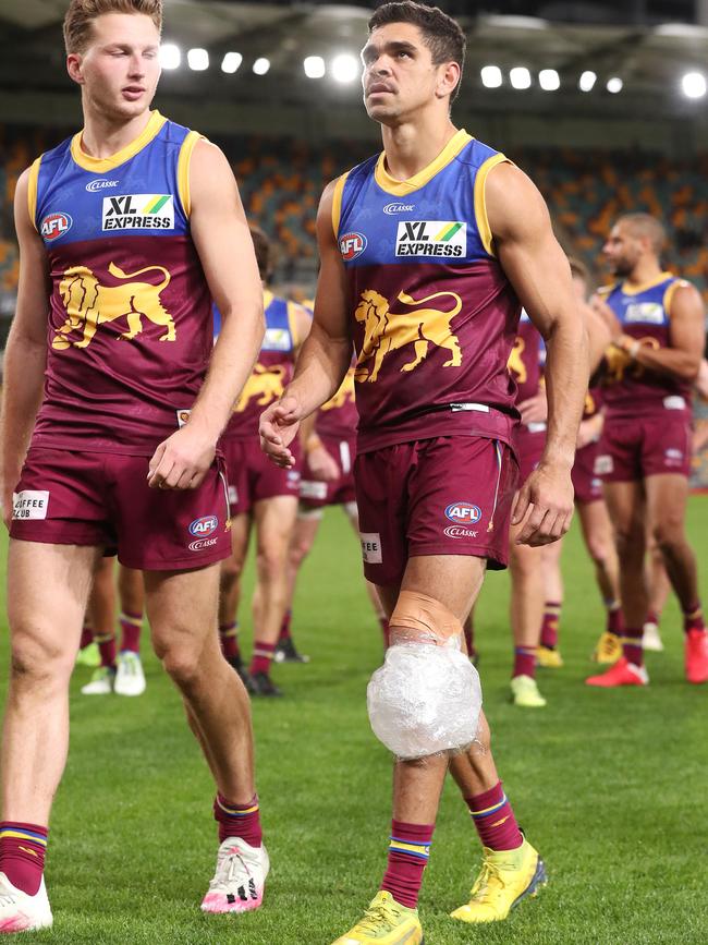 Cameron ices up after the game. Picture: Michael Klein