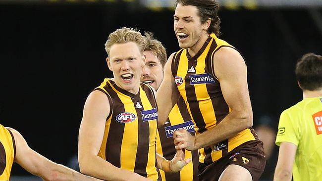 Hawthorn’s James Sicily celebrates his goal in the third quarter. Pic: Michael Klein