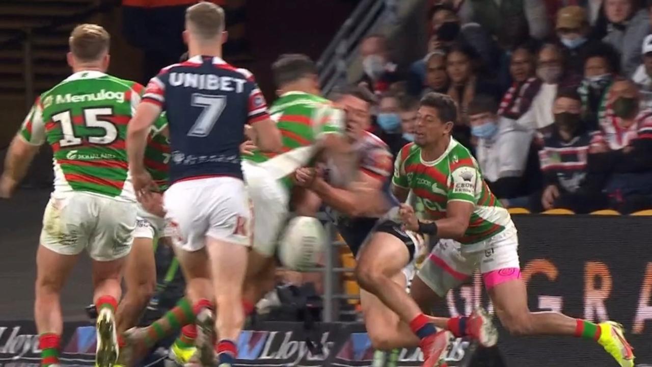 Latrell Mitchell’s hit on Joey Manu resulted in a six-game suspension. Picture: Fox Sports