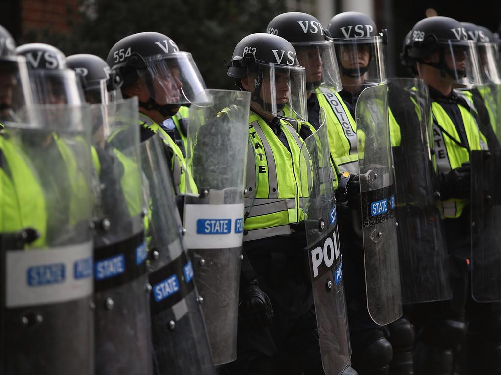 Police in riot gear were out in force at the University of Virginia during the rally. Picture: Win McNamee/Getty Images