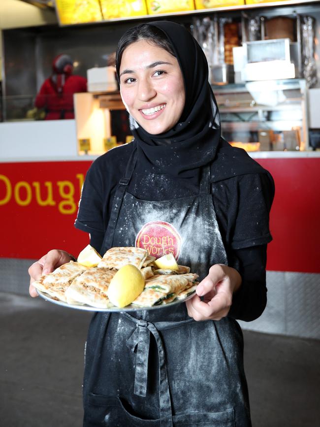 Rokhshana Mohammadi with gozleme from Dough Works. Picture: Rebecca Michael