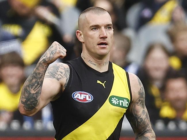 MELBOURNE, AUSTRALIA – AUGUST 19: Dustin Martin of the Tigers celebrates kicking a goal during the round 23 AFL match between Richmond Tigers and North Melbourne Kangaroos at Melbourne Cricket Ground, on August 19, 2023, in Melbourne, Australia. (Photo by Daniel Pockett/Getty Images)