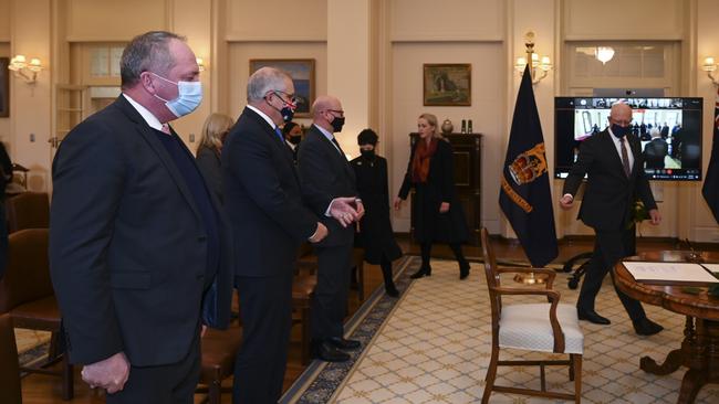 Deputy Prime Minister Barnaby Joyce and Prime Minister Scott Morrison at the swearing-in ceremony at Government House in Canberra.