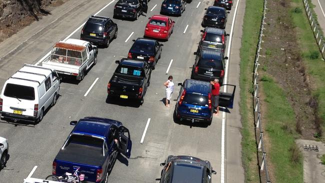 Traffic on the F3/M1 motorway after an accident at Mt Kurring-gai between a fire truck and a Ford Laser. Picture: Tracey Findlay