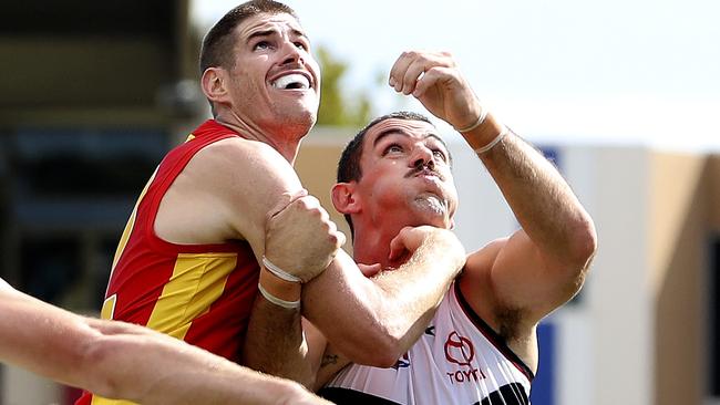 Taylor Walker had his work cut out for him after being thrown into the ruck by the Crows. Picture: Sarah Reed