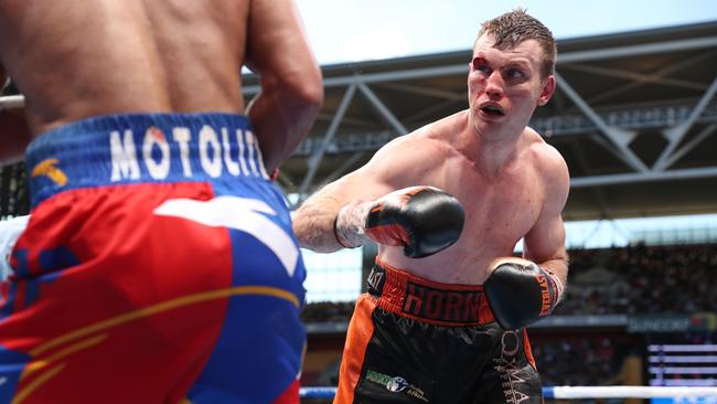 Jeff Horn on his way to beating Manny Pacquiao for the world welterweight title at Suncorp Stadium.