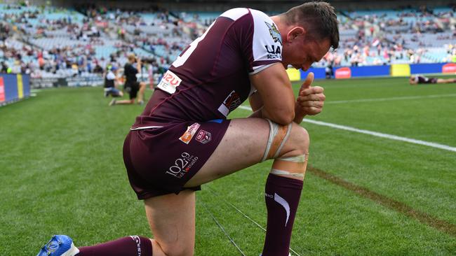 A dejected Luke Page of the Bears after they loss to the Newtown Jets during the 2019 National State Championship Grand Final between the Newtown Jets and the Burleigh Bears at ANZ Stadium in Sydney, Sunday, October 6, 2019. (AAP Image/Dean Lewins) NO ARCHIVING, EDITORIAL USE ONLY