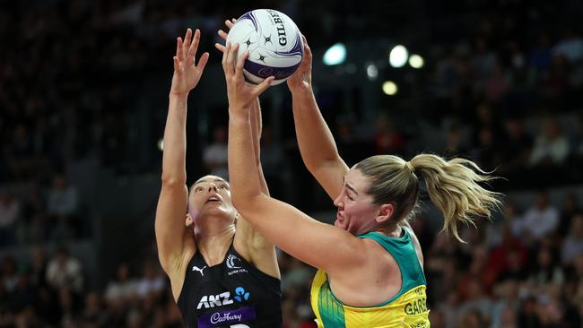 Sophie Garbin of Australia (right) and Kelly Jury of New Zealand compete for the ball during game four of the 2023 Constellation Cup series in Auckland. (Photo by Fiona Goodall/Getty Images)