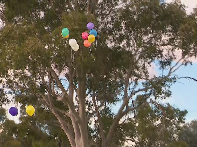 Balloons are released at the Forbes Rugby Ground in memory of Molly Ticehurst. Picture: 9News