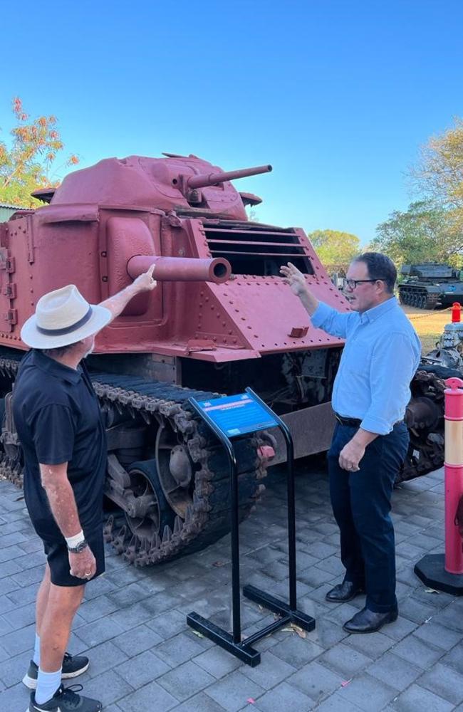 Dr Norman Cramps and Luke Gosling OAM MP view the M3 Lee Grant Medium Battle Tank during a recent visit. Picture: Supplied