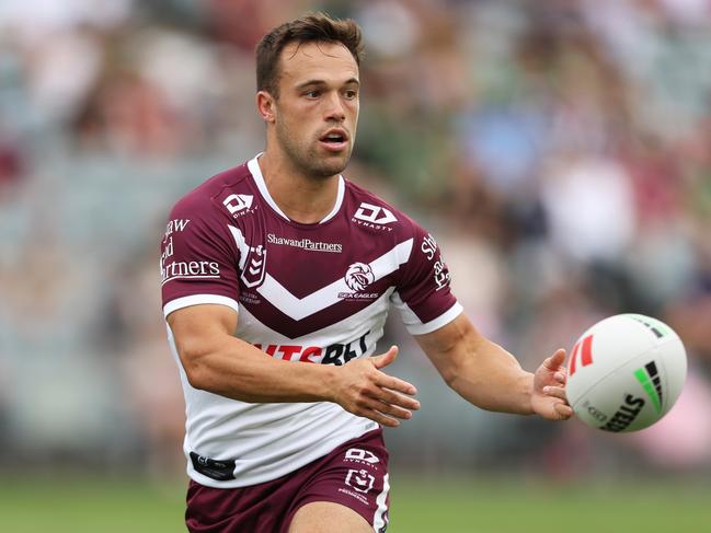 Luke Brooks had three first-half try-assists in Manly’s trial win over South Sydney. Picture: Matt King/Getty Images