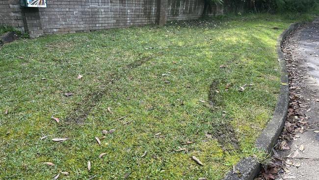 A photo of tyre marks on the nature strip, taken by opponents of the bench.