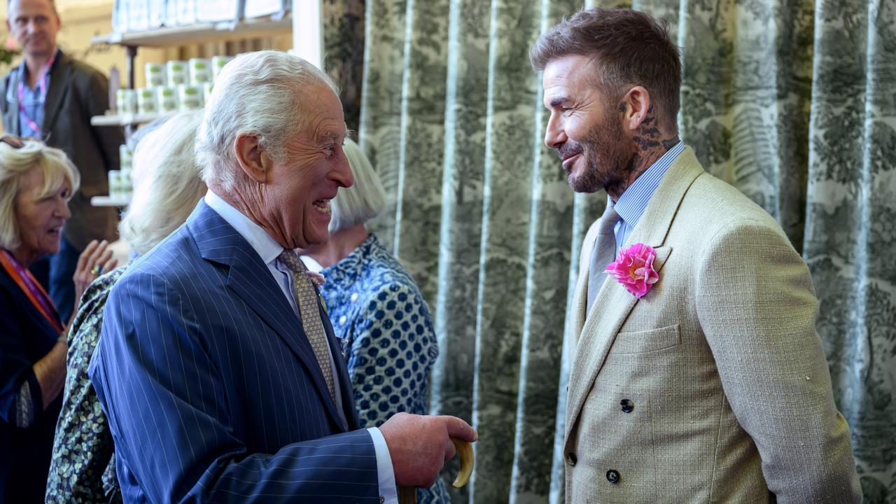 David Beckham speaks with King Charles III during a visit to the RHS Chelsea Flower Show. Picture: Paul Grover – WPA Pool/Getty Images