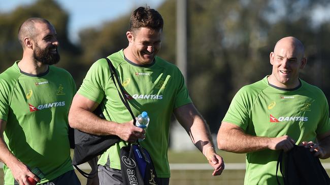 (L-R) Scott Fardy, James Horwill and Stephen Moore are all smiles during an Australian Wallabies team training session on the Sunshine Coast.