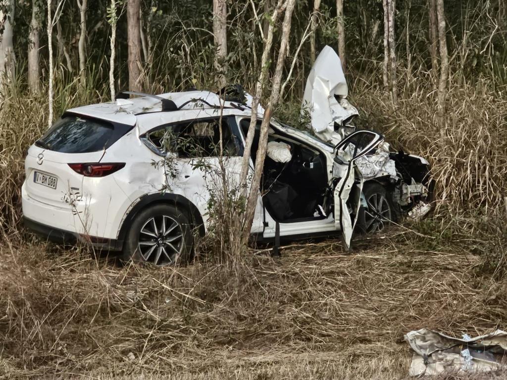 Aftermath of a crash on the Bruce Highway at Bloomsbury involving two trucks and a car on August 1, 2024. Two people, a man in his 70s and a man in his 20s suffered life threatening injuries and had to be extricated. Two other people walked away from the crash stable. Photos taken at 6pm. Picture: Janessa Ekert