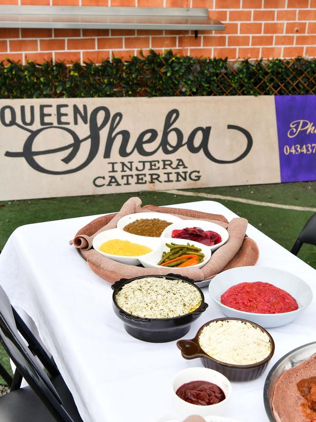 Some of the delicious, tasty African delicacies, such as slow-cooked beef injera, available from the Queen Sheba Ethiopian food truck in Hobart. Picture: Olivia Hasler, Lousy! Creative.