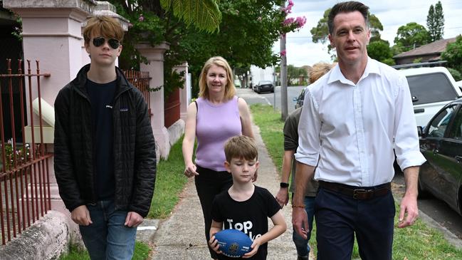 Incoming NSW premier Chris Minns heads out with wife Anna and sons Joe, Nick and George for a Sunday morning coffee at a local cafe. Picture: AAP