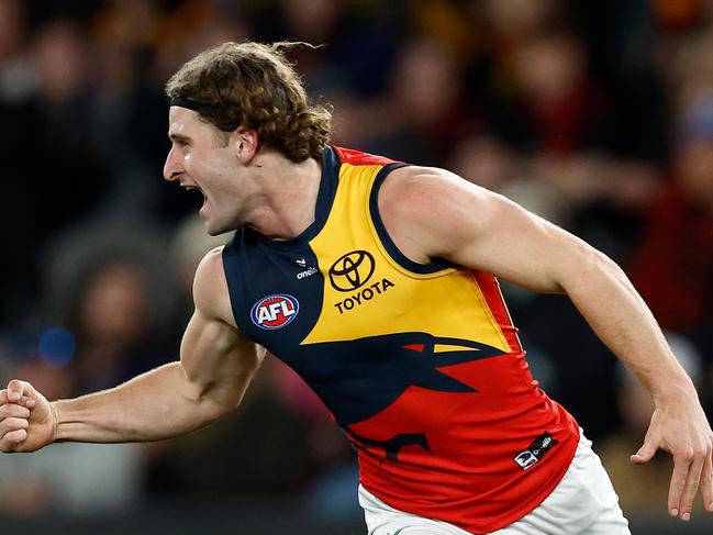 Sam Berry celebrates a goal during Adelaide’s win over Essendon. Picture: Michael Willson/AFL Photos via Getty Images