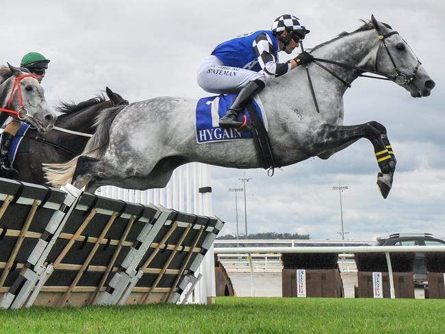 Saunter Boy (FR) ridden by Steven Pateman jumps during the Ecycle Solutions 1JW Hurdle at Sportsbet Pakenham on April 18, 2021 in Pakenham, Australia. (Brett Holburt/Racing Photos via Getty Images)