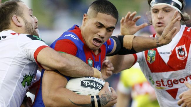 Sione Mata'utia of the Knights during the Round 16 NRL match between the Newcastle Knights and the St George-Illawarra Dragons at Hunter Stadium in Newcastle, Saturday, June 25, 2016. (AAP Image/Darren Pateman) NO ARCHIVING, EDITORIAL USE ONLY