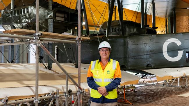 Ian Miles – project manager for Artlab Australia looking after the dismantling of the Vickers Vimy at the Adelaide Airport. Picture: Lev Luo