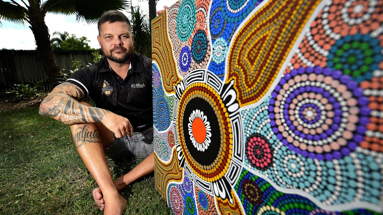 Local artist Chris Gray has donated a piece of his indigenous artwork to the Townsville University Hospital's childrens ward after picking up the hobby following a 15 year break. PICTURE: MATT TAYLOR.