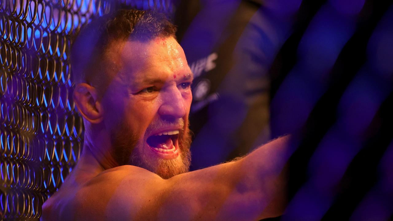 McGregor vented his frustration after fracturing his tibia against Duston Poirier. (Photo by Stacy Revere/Getty Images)