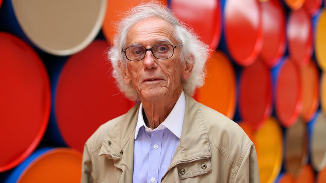 Bulgarian artist Christo poses in front of the monumental ‘Mastaba’ art work in 2016. Picture: AFP