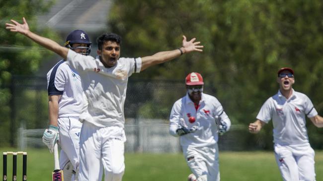 Mordialloc players celebrate an Aspendale wicket taken by Helitha Withanage. Picture: Valeriu Campan