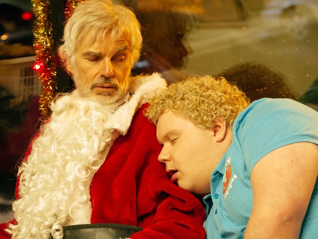 Billy Bob Thornton and a moviegoer, oops sorry actor Brett Kelly, in a scene from Bad Santa 2. Picture: Supplied