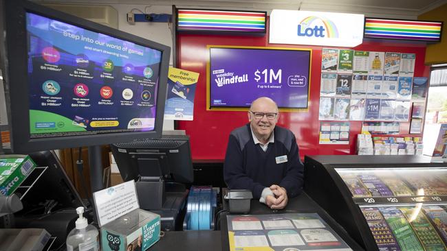 Derwent Park Newsagency co owner Jim Warburton who sold a Div 1 lotto ticket worth $1m from Saturday's draw. Picture: Chris Kidd