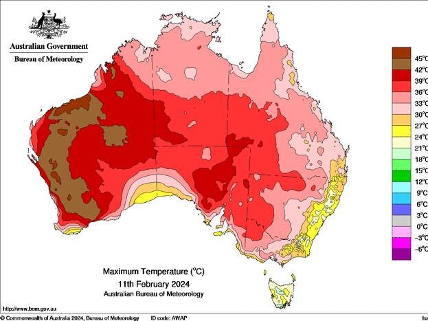 The mean maximum temperature across Australia on February 11 – and that heat isn't letting up yet. Picture: BOM