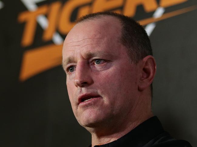 Wests Tigers CEO Justin Pascoe and new coach Michael Maguire speak during a press conference at Concord Oval, Sydney. Picture: Brett Costello