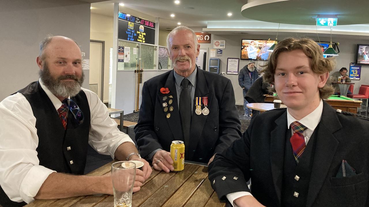 Mount Gambier Anzac Day 2022. Steve Wilson, 'Archy Arch' and David Boyce. Picture: Arj Ganesan