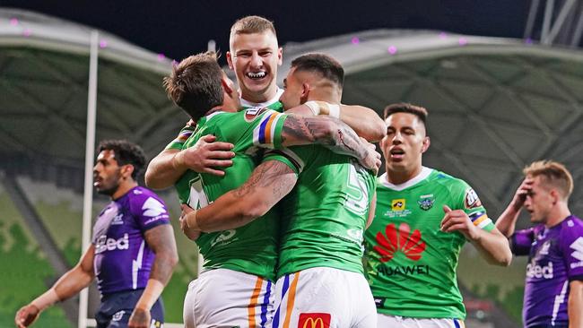 The Raiders had reason to smile against the Storm — and the NRL had plenty to celebrate all weekend. Picture: Scott Barbour/AAP