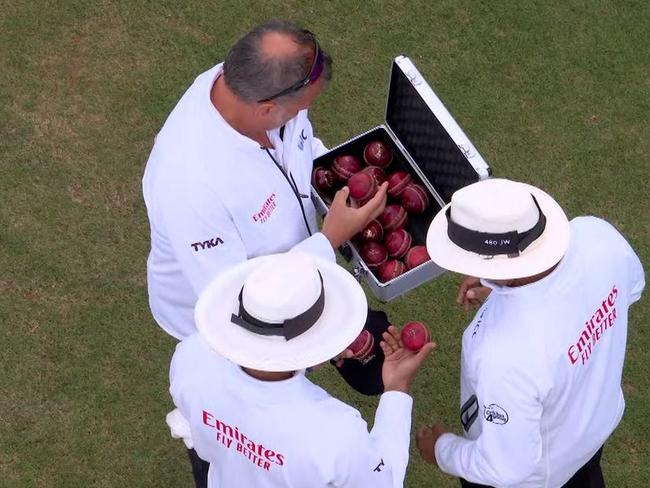 TV footage appears to show there were more appropriately aged balls umpires could have selected. Picture: Channel 9.
