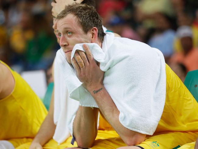 RIO DE JANEIRO, BRAZIL - AUGUST 19: Joe Ingles #7 of Australia reacts on the bench during the Men's Semifinal match against Serbia on Day 14 of the Rio 2016 Olympic Games at Carioca Arena 1 on August 19, 2016 in Rio de Janeiro, Brazil. (Photo by Jamie Squire/Getty Images)