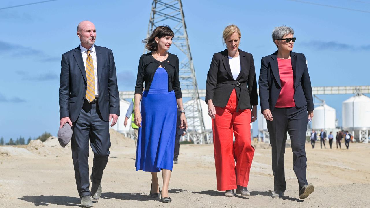 Seen in March 2023, Australian Naval Infrastructure CEO Andrew Seaton, Acting Premier of South Australia, Susan Close, Minister for Finance, Katy Gallagher and Minister for Foreign Affairs, Penny Wong at Snapper Point on the Port River. Picture: NCA NewsWire / Brenton Edwards